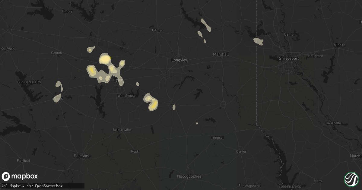 Hail map in Henderson, TX on July 7, 2026