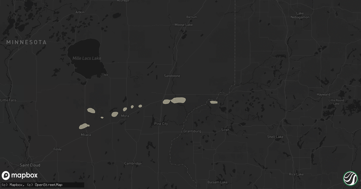 Hail map in Hinckley, MN on July 7, 2026