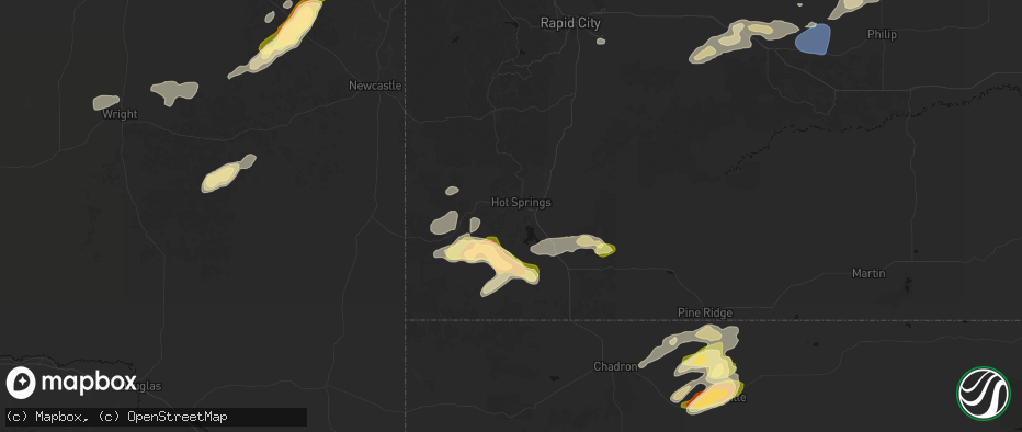 Hail map in Hot Springs, SD on July 7, 2026