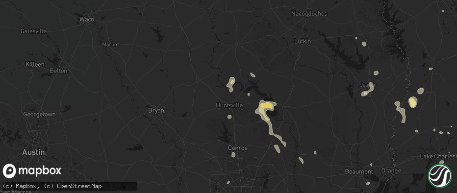 Hail map in Huntsville, TX on July 7, 2026