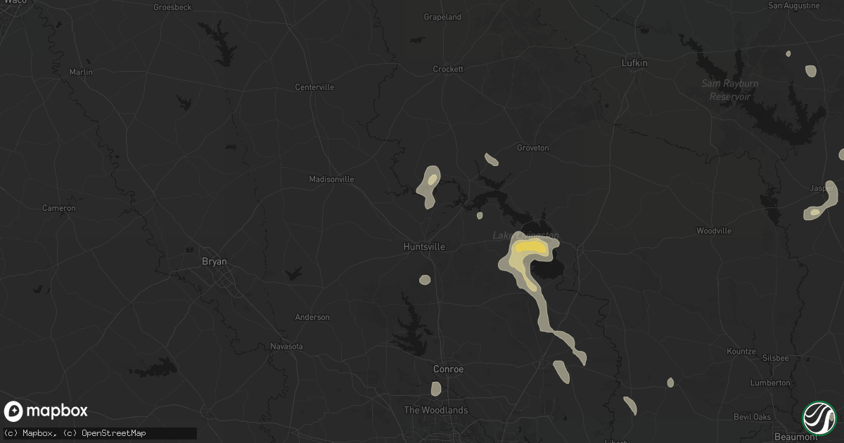 Hail map in Huntsville, TX on July 7, 2026