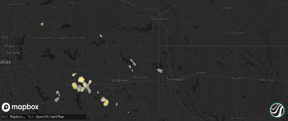 Hail map in Jefferson, TX on July 7, 2026