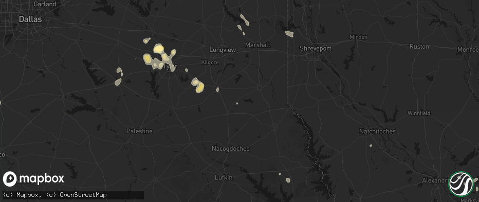 Hail map in Long Branch, TX on July 7, 2026