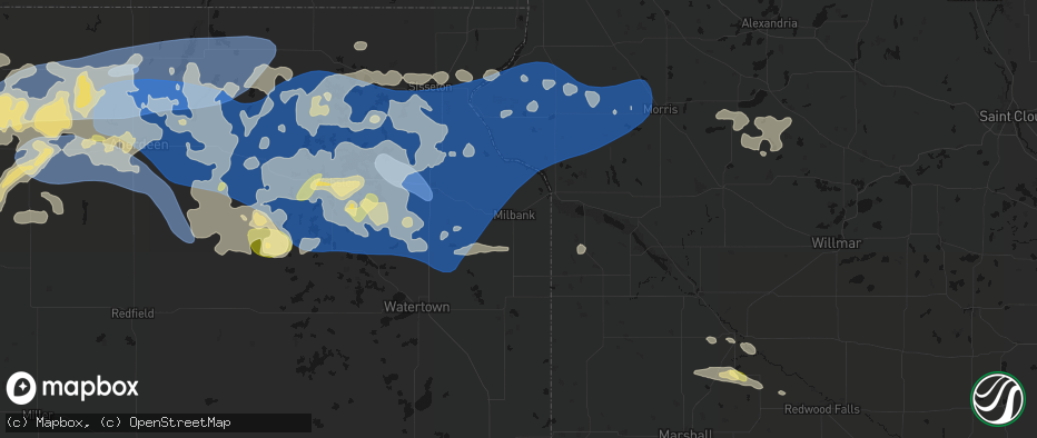 Hail map in Milbank, SD on July 7, 2026