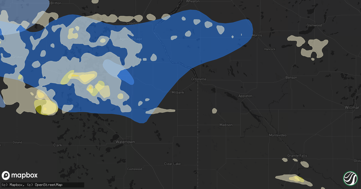 Hail map in Milbank, SD on July 7, 2026