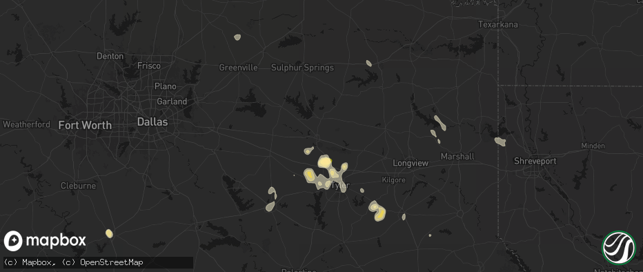 Hail map in Mineola, TX on July 7, 2026