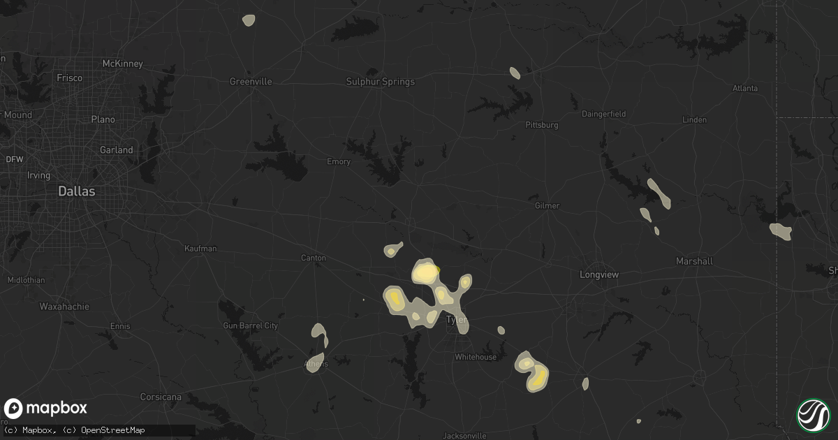 Hail map in Mineola, TX on July 7, 2026