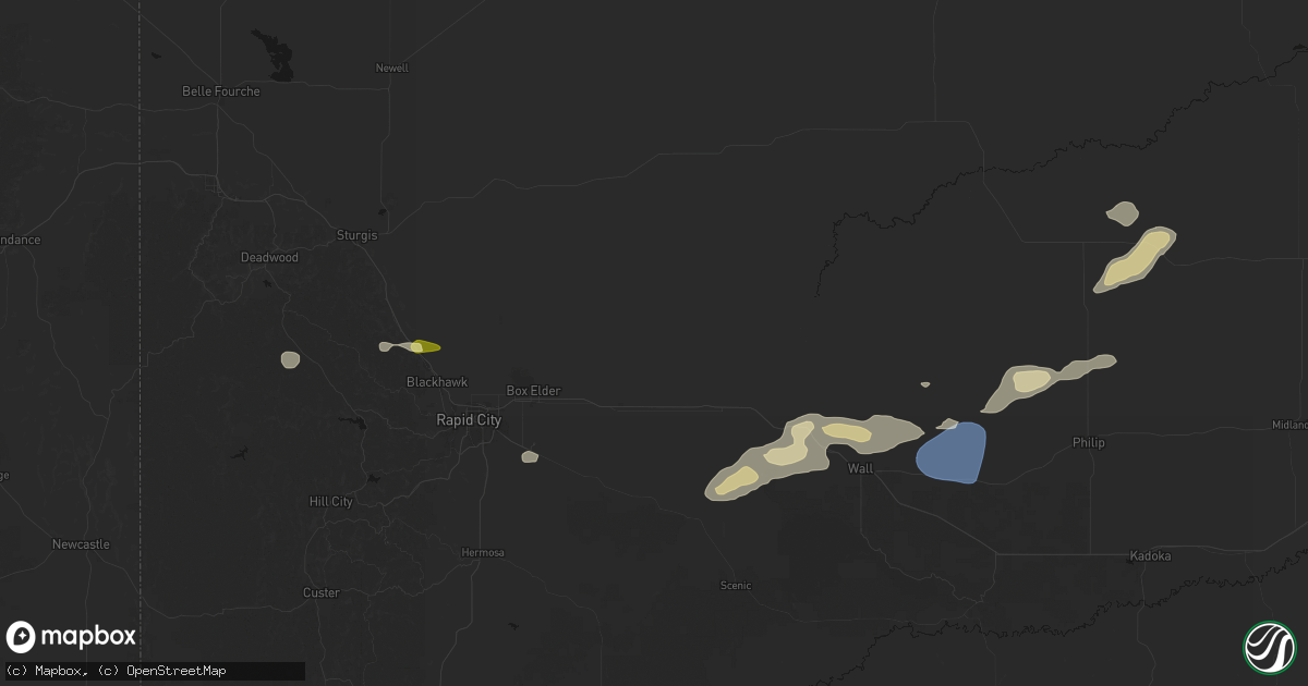 Hail map in New Underwood, SD on July 7, 2026