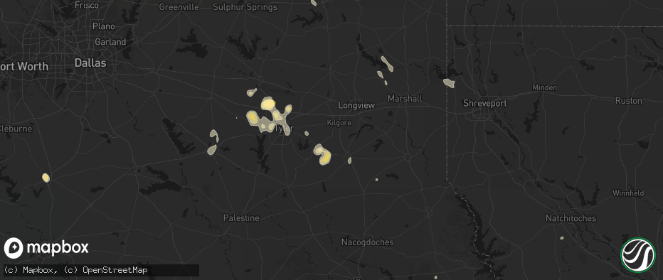 Hail map in Overton, TX on July 7, 2026