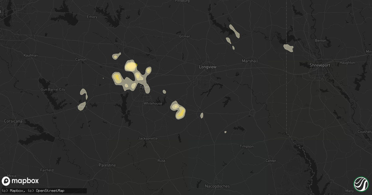 Hail map in Overton, TX on July 7, 2026