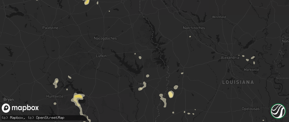 Hail map in Pineland, TX on July 7, 2026