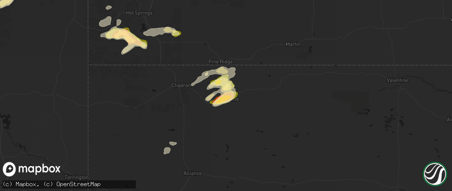 Hail map in Rushville, NE on July 7, 2026