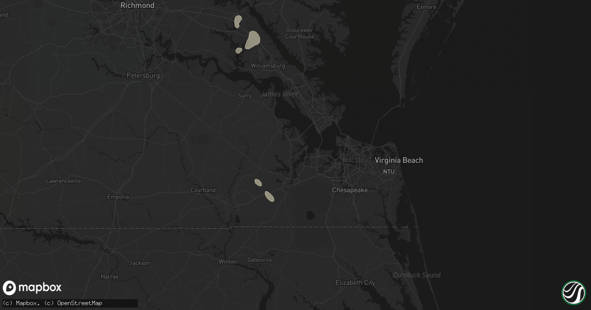 Hail map in Suffolk, VA on July 7, 2026