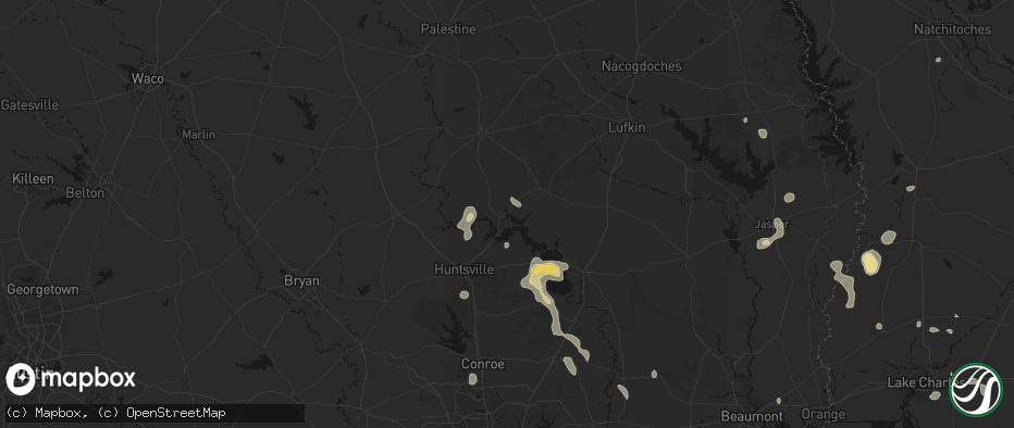 Hail map in Trinity, TX on July 7, 2026