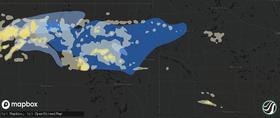Hail map in Twin Brooks, SD on July 7, 2026