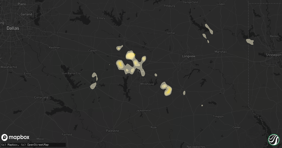 Hail map in Tyler, TX on July 7, 2026