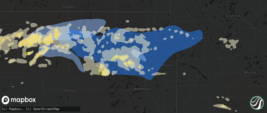 Hail map in Waubay, SD on July 7, 2026