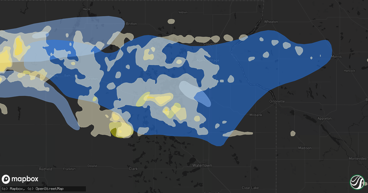 Hail map in Waubay, SD on July 7, 2026
