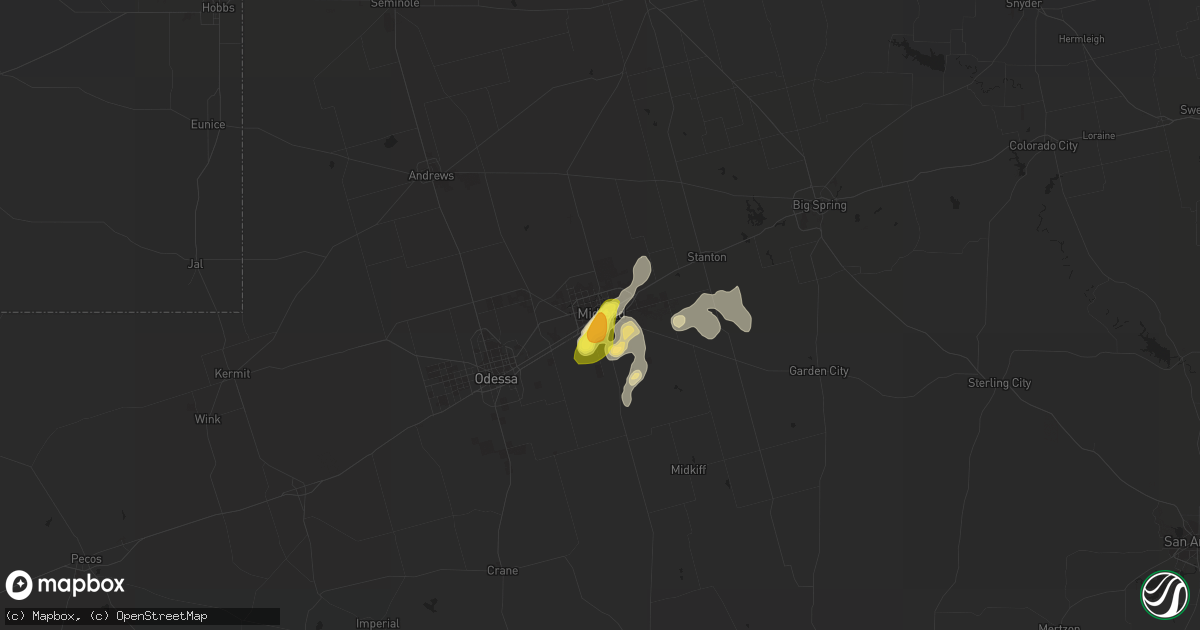 Hail map in Midland, TX on July 8, 2016