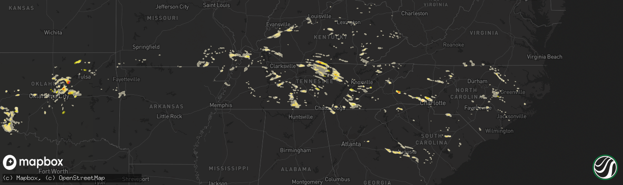 Hail map in Tennessee on July 8, 2016