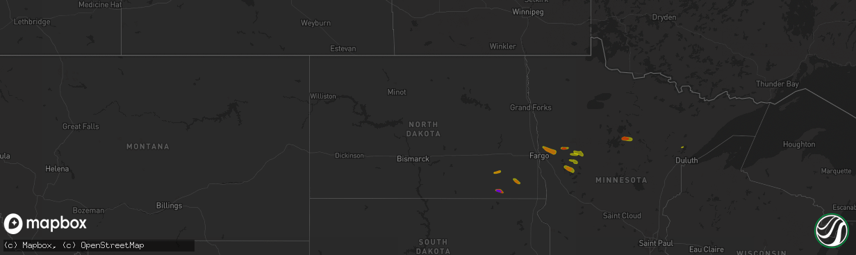 Hail map in North Dakota on July 8, 2018