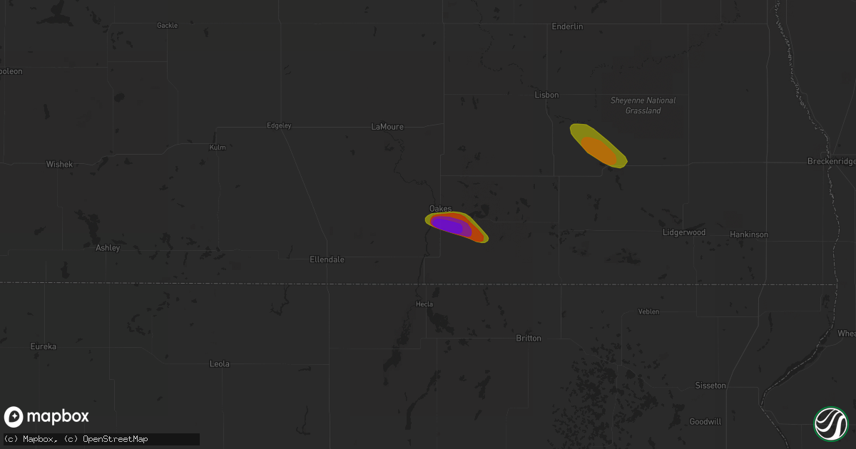 Hail map in Oakes, ND on July 8, 2018