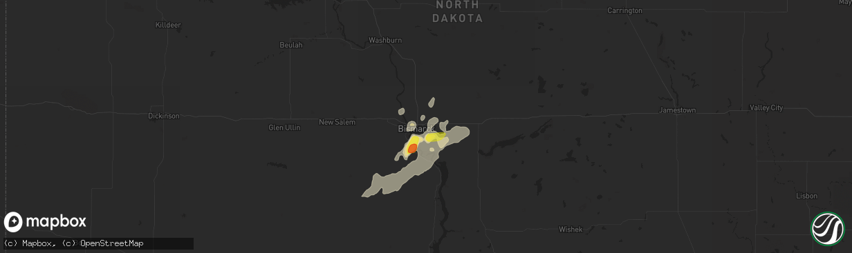 Hail map in Bismarck, ND on July 8, 2019