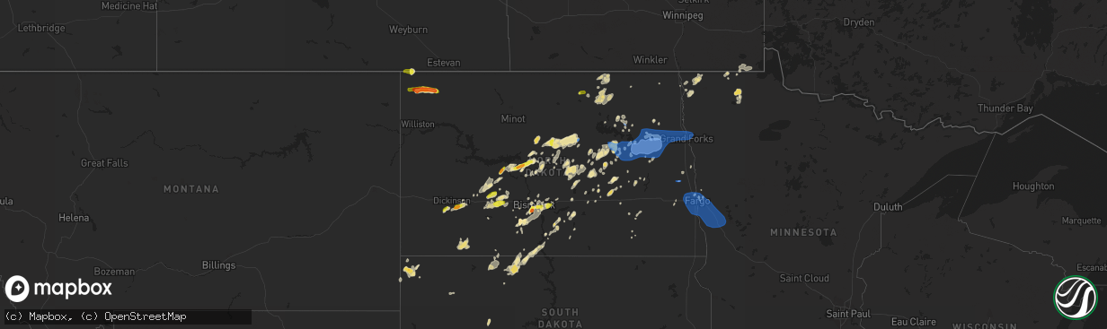 Hail map in North Dakota on July 8, 2019