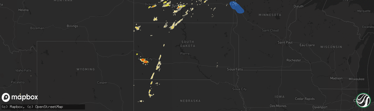 Hail map in South Dakota on July 8, 2019