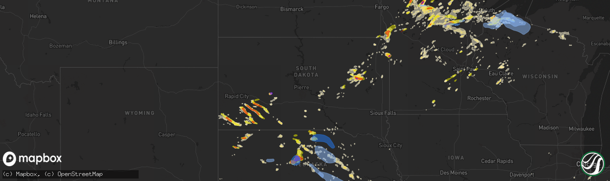 Hail map in South Dakota on July 8, 2020