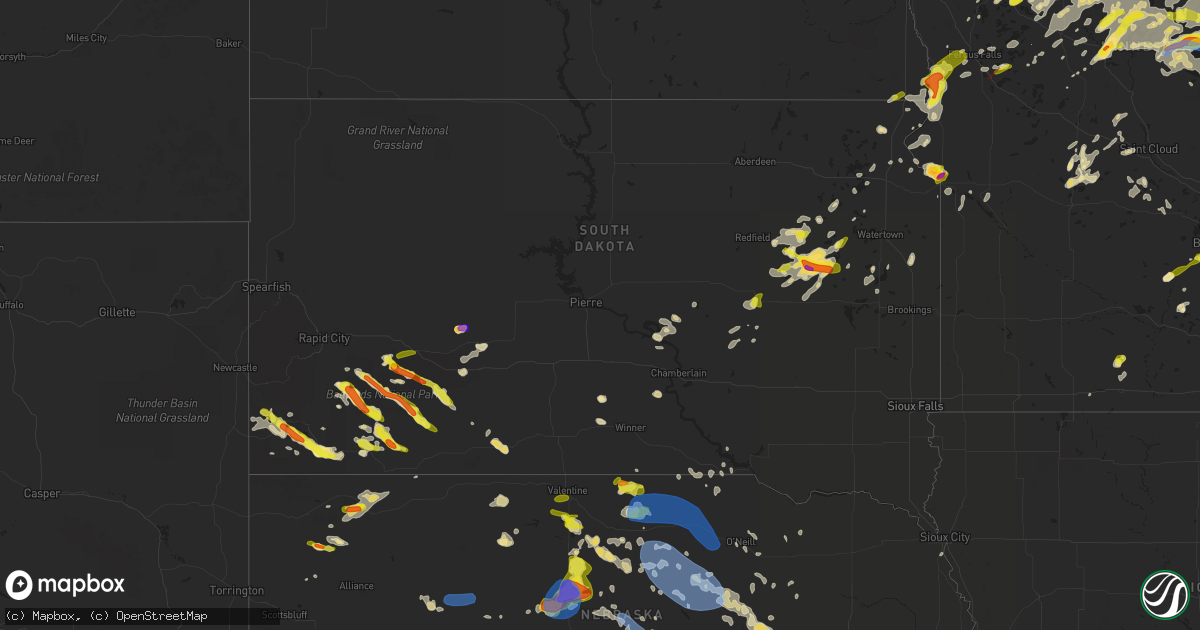 Hail map in South Dakota on July 8, 2020