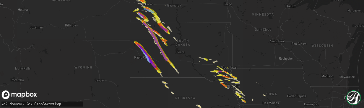 Hail map in South Dakota on July 8, 2021