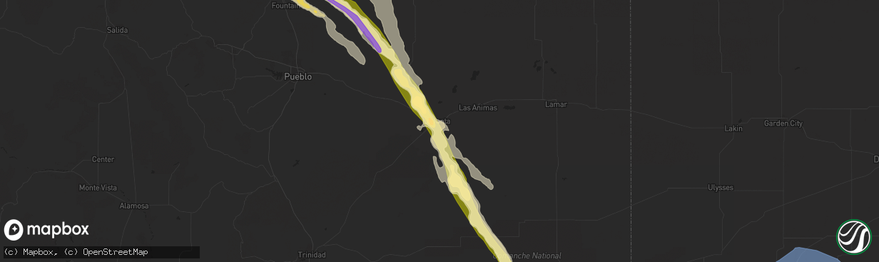 Hail map in La Junta, CO on July 8, 2023