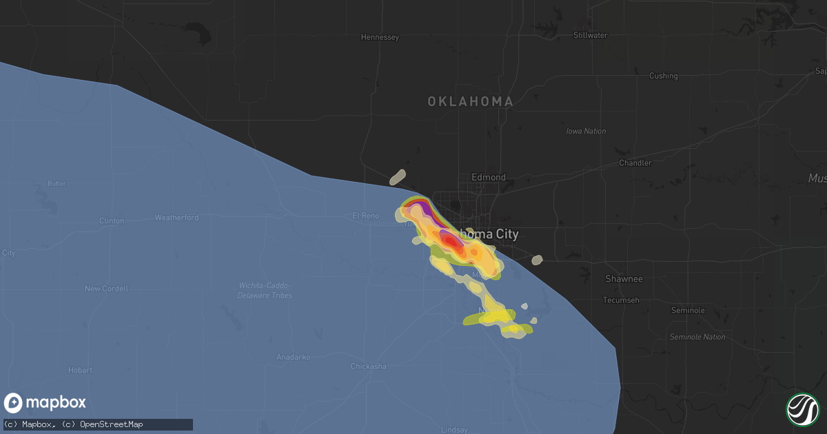 Hail map in Yukon, OK on July 8, 2023