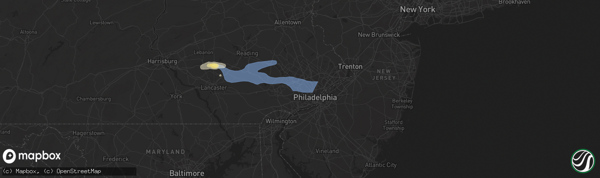 Hail map in Bryn Mawr, PA on July 8, 2025