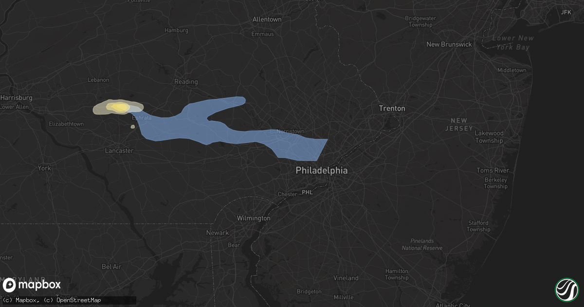 Hail map in Bryn Mawr, PA on July 8, 2025