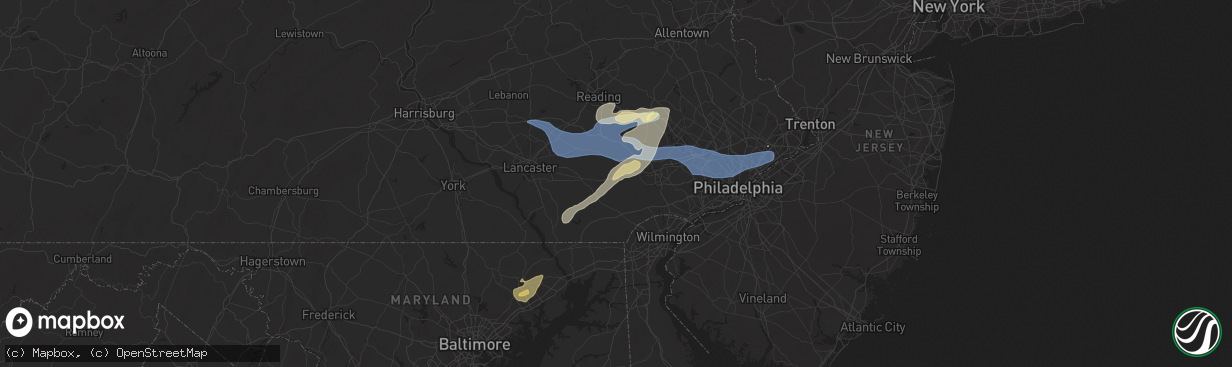 Hail map in Coatesville, PA on July 8, 2025