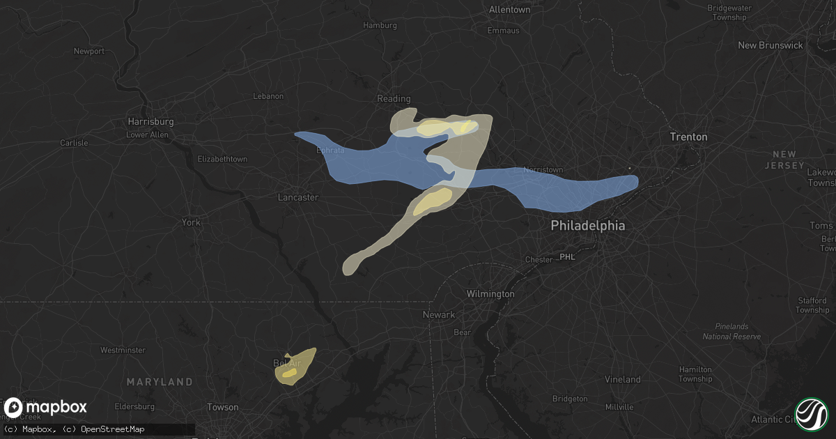 Hail map in Coatesville, PA on July 8, 2025