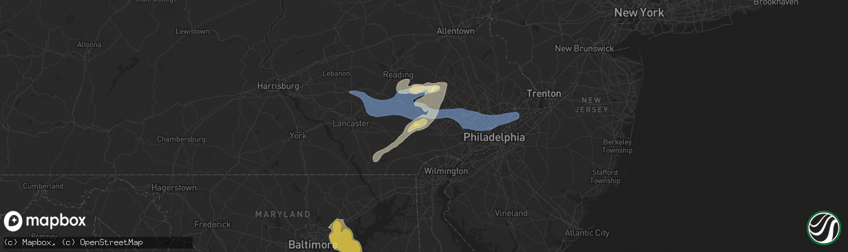 Hail map in Downingtown, PA on July 8, 2025