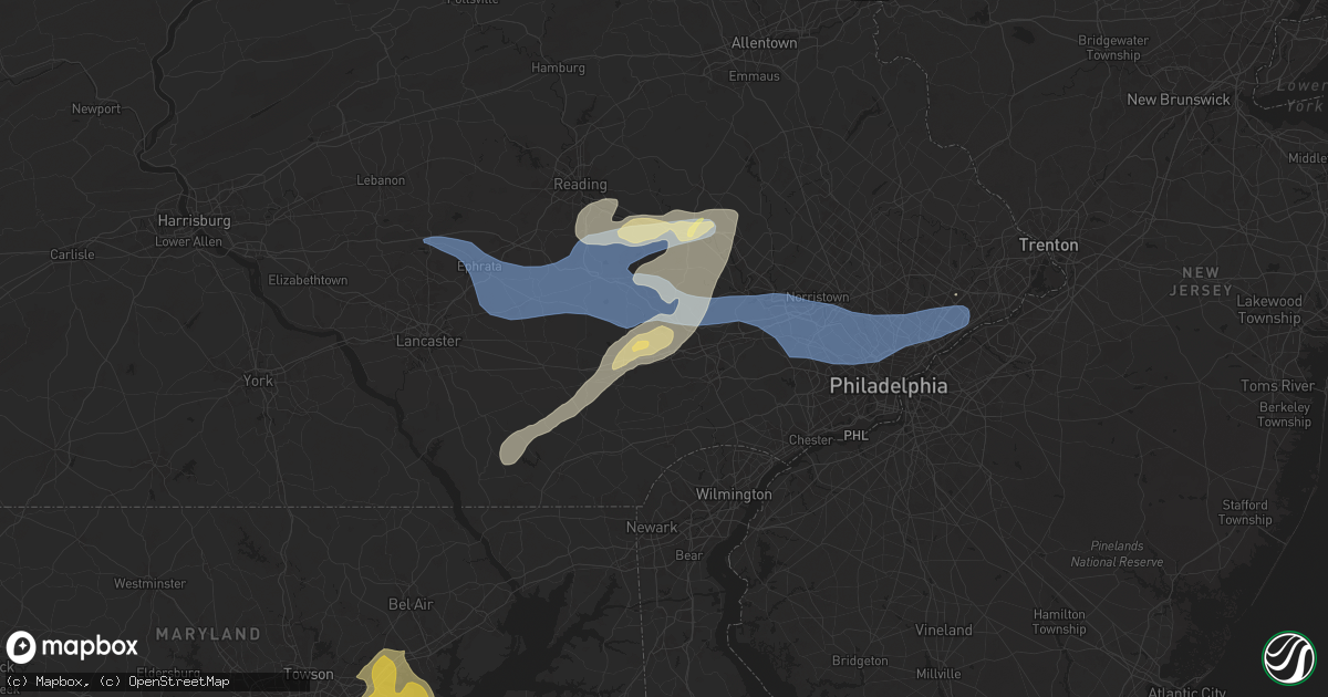 Hail map in Downingtown, PA on July 8, 2025