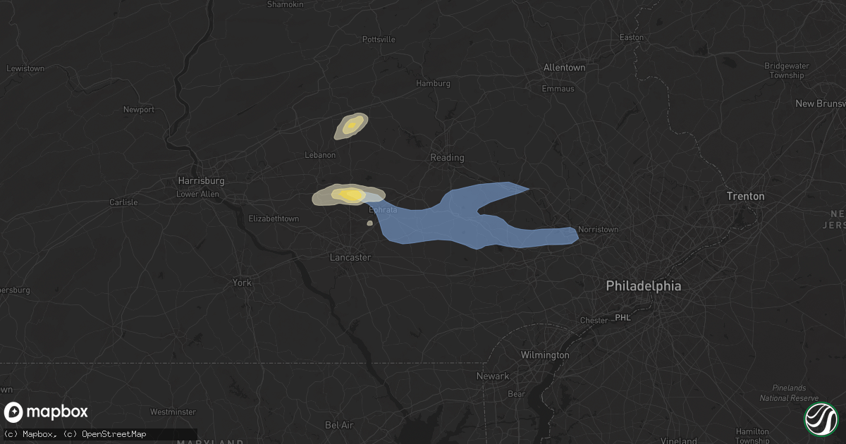 Hail map in East Earl, PA on July 8, 2025