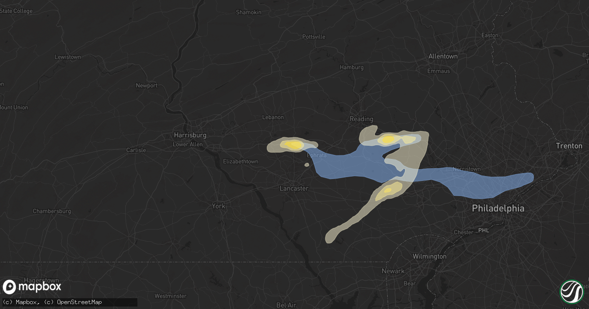 Hail map in Lititz, PA on July 8, 2025