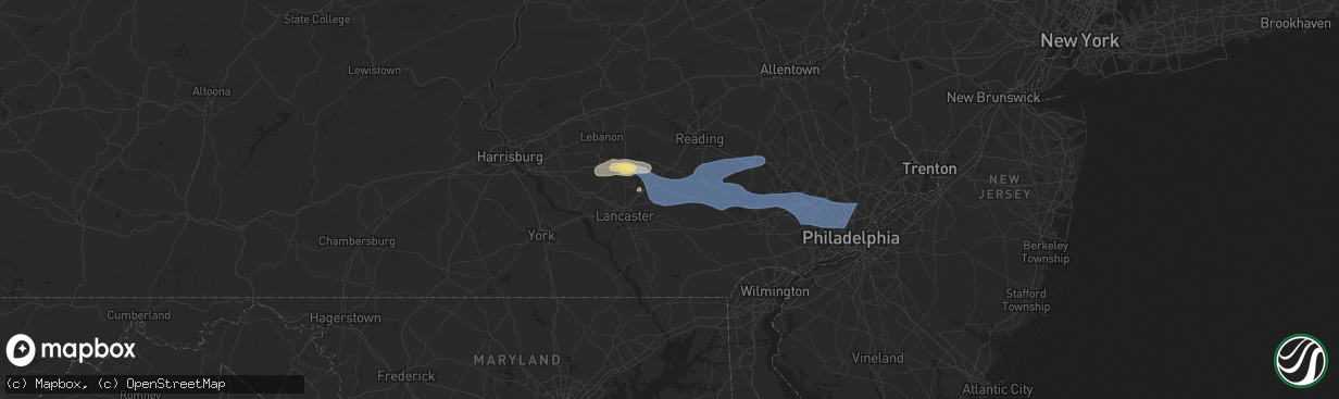 Hail map in New Holland, PA on July 8, 2025