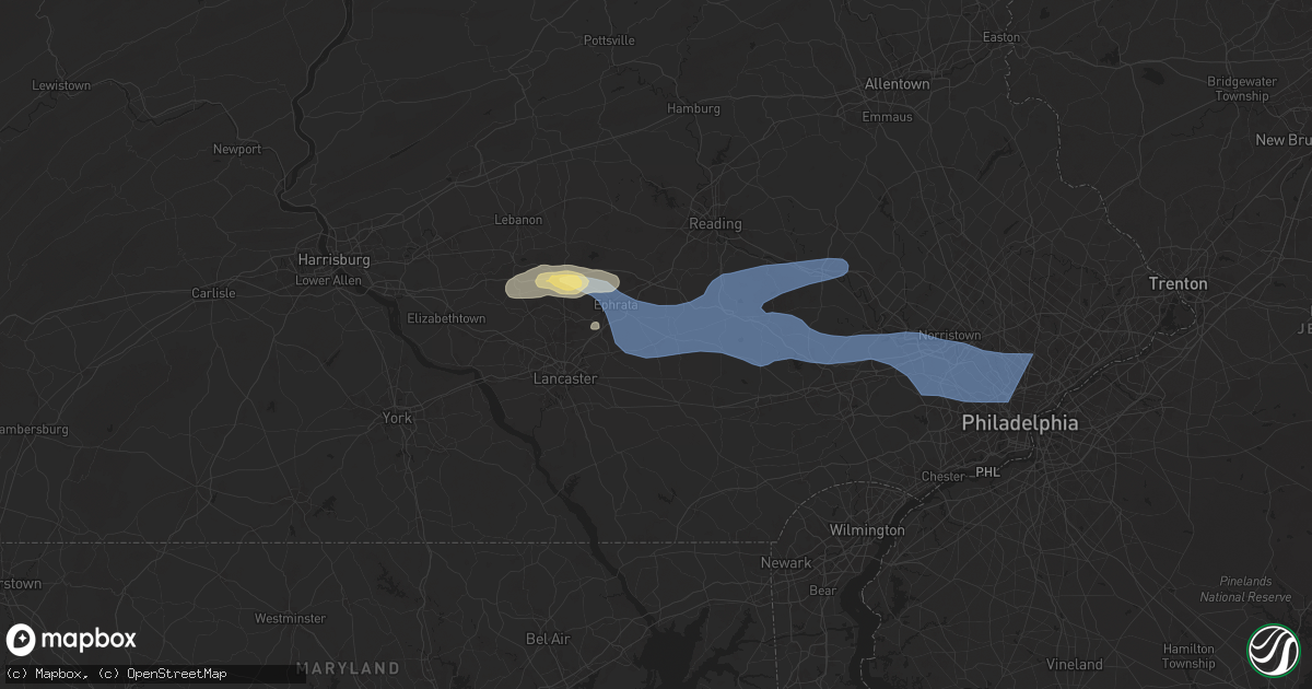 Hail map in New Holland, PA on July 8, 2025