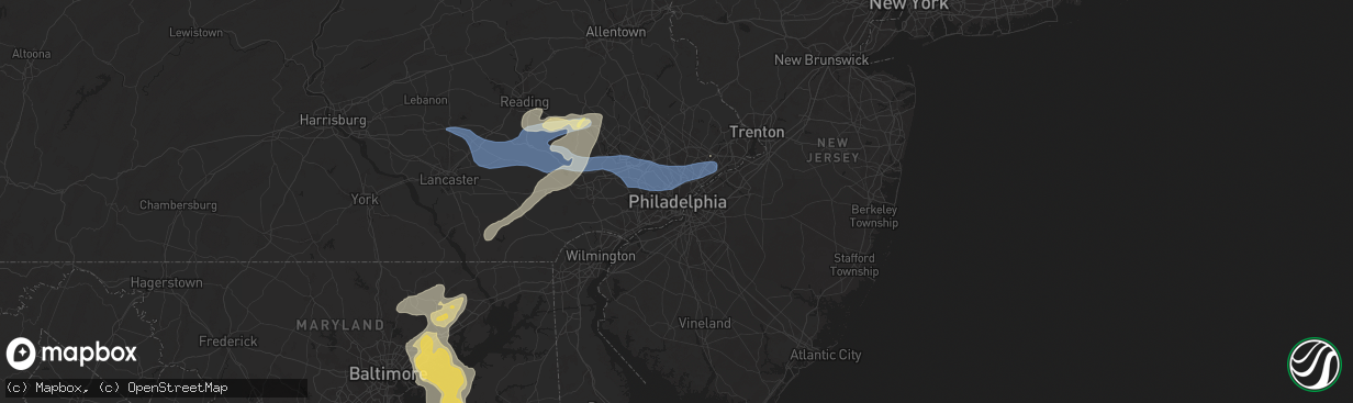 Hail map in Philadelphia, PA on July 8, 2025