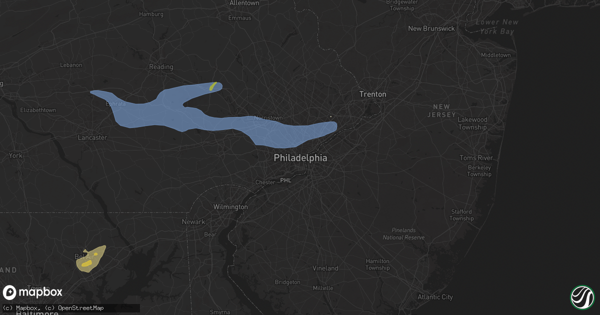 Hail map in Philadelphia, PA on July 8, 2025