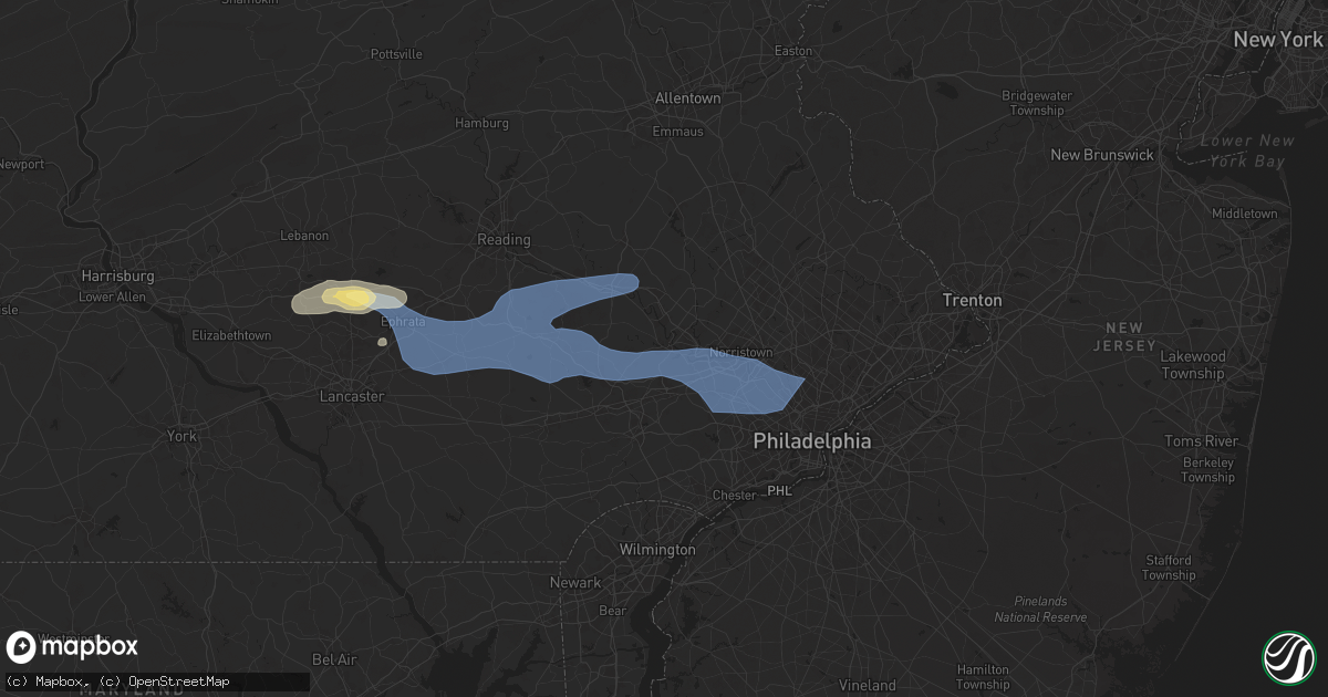 Hail map in Phoenixville, PA on July 8, 2025
