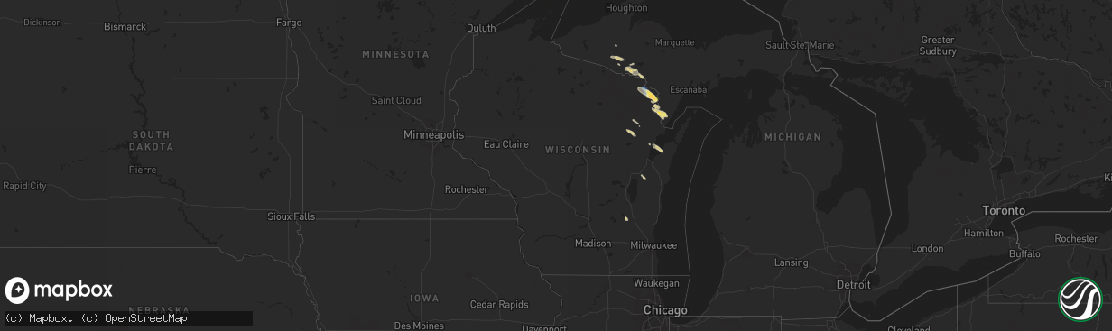 Hail map in Wisconsin on July 8, 2025