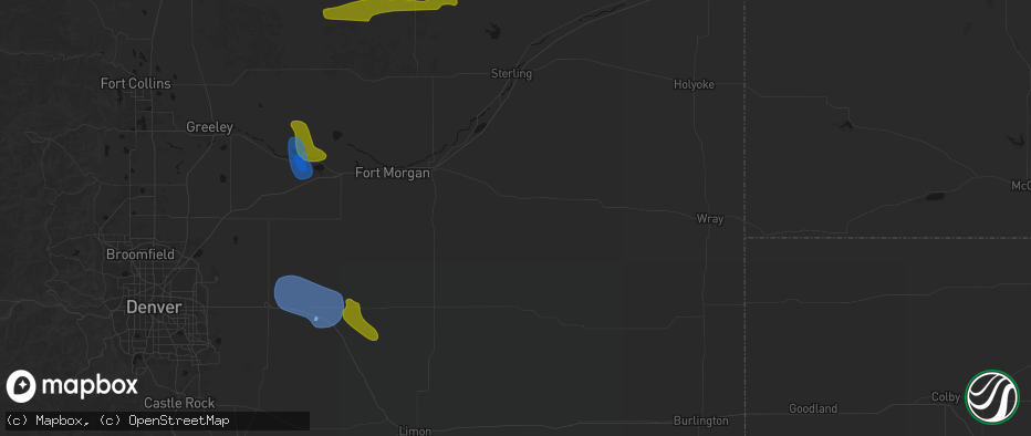 Hail map in Akron, CO on July 8, 2026