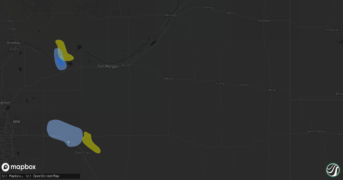 Hail map in Akron, CO on July 8, 2026